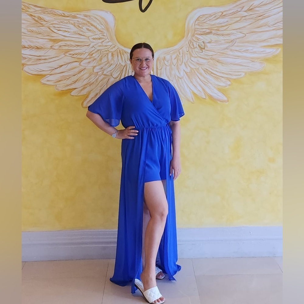 Women’s 10 New Look Royal Blue Wrap hi lo vacation Romper with flutter sleeves